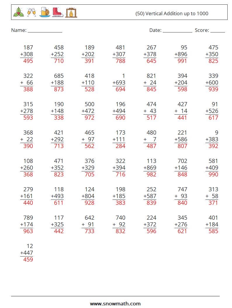 (50) Vertical Addition up to 1000 Math Worksheets 2 Question, Answer