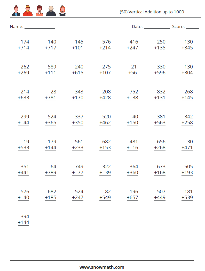 (50) Vertical Addition up to 1000 Math Worksheets 3