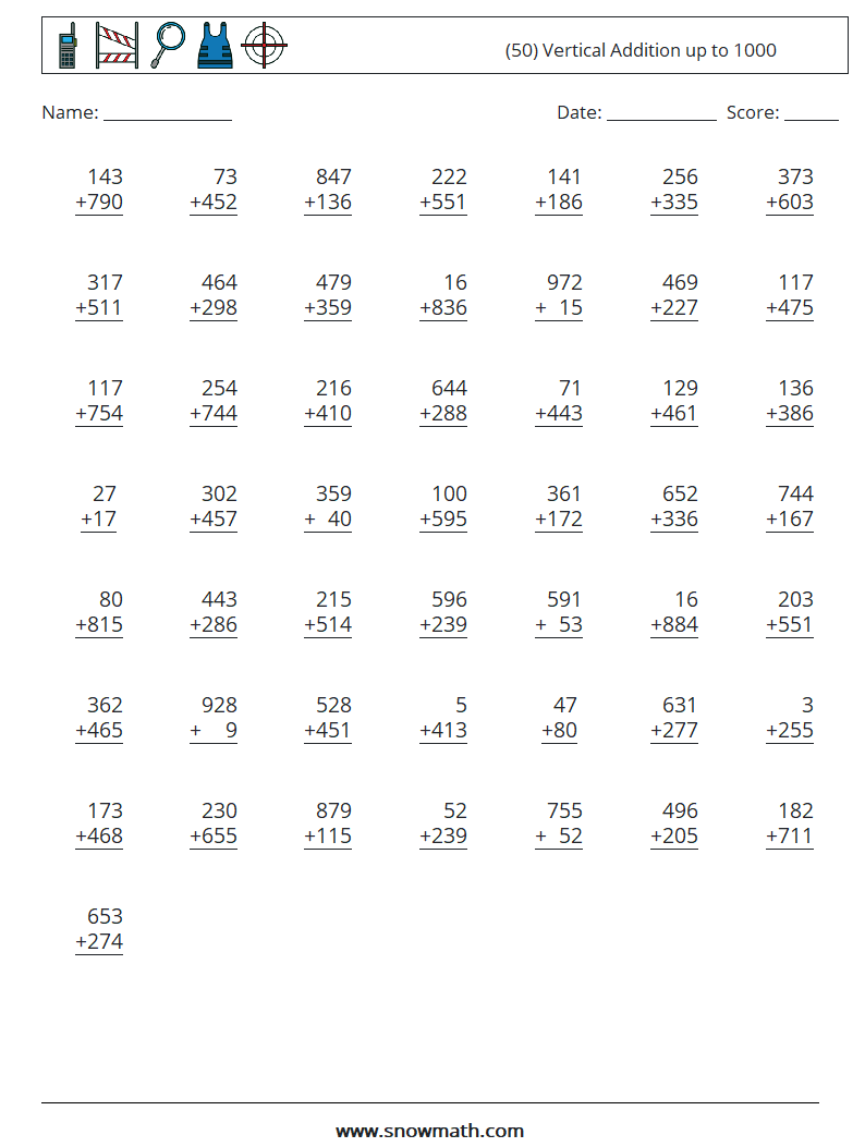 (50) Vertical Addition up to 1000 Math Worksheets 4