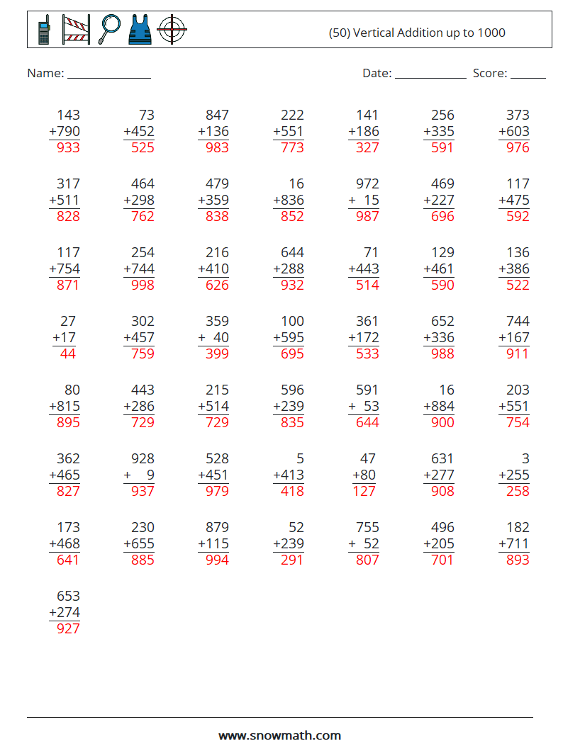 (50) Vertical Addition up to 1000 Math Worksheets 4 Question, Answer