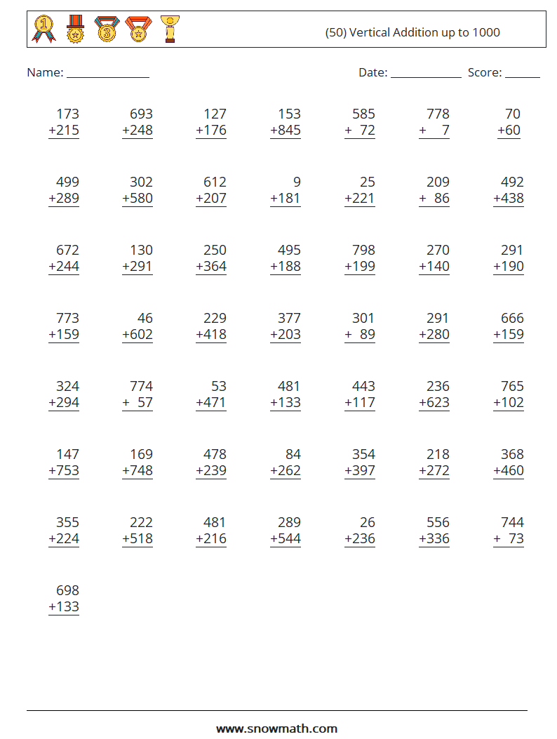 (50) Vertical Addition up to 1000 Math Worksheets 5