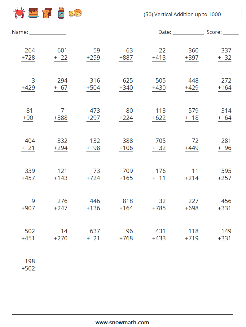 (50) Vertical Addition up to 1000 Math Worksheets 7