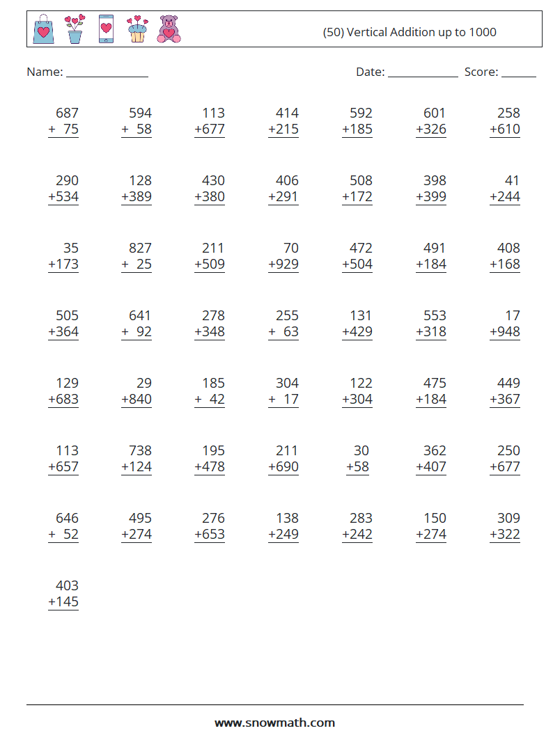 (50) Vertical Addition up to 1000 Math Worksheets 8