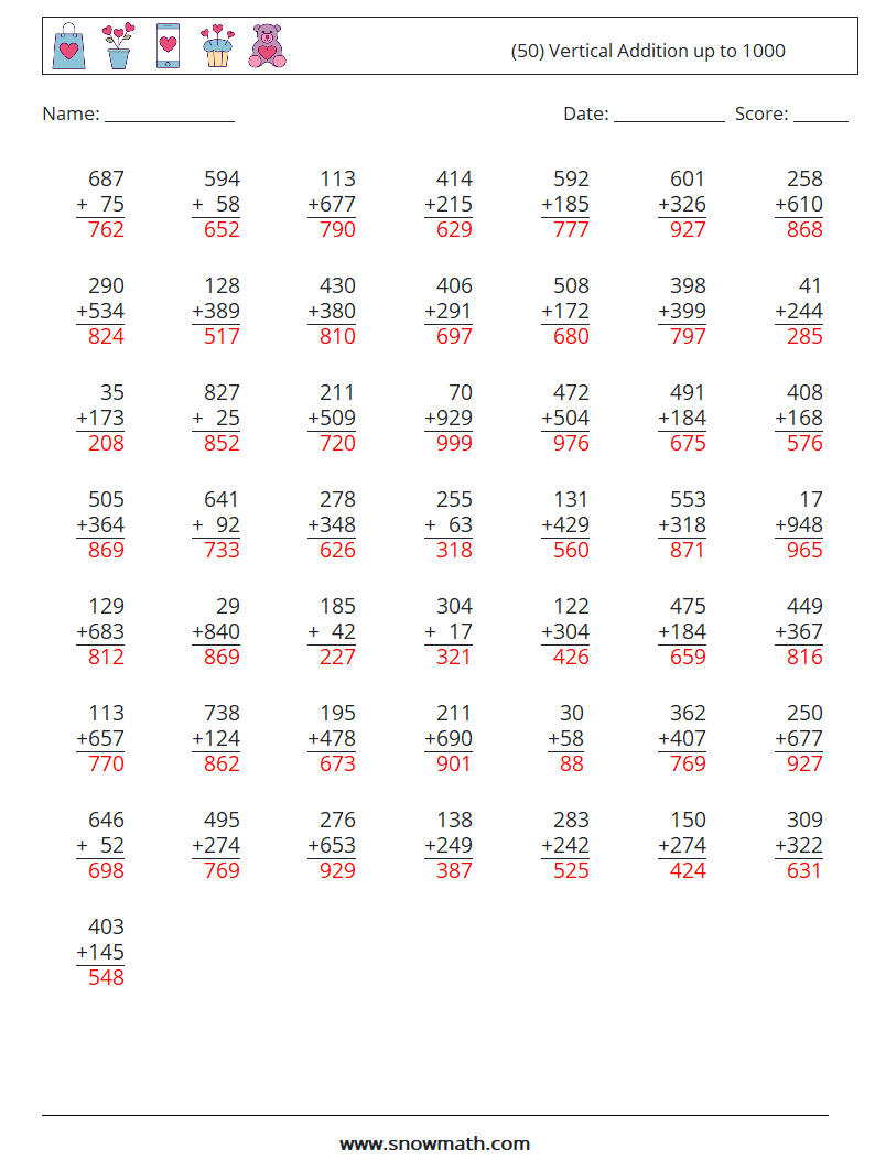 (50) Vertical Addition up to 1000 Math Worksheets 8 Question, Answer