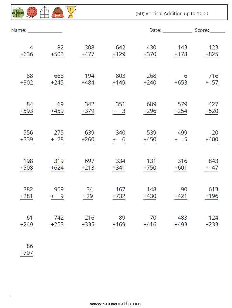 (50) Vertical Addition up to 1000 Math Worksheets 9