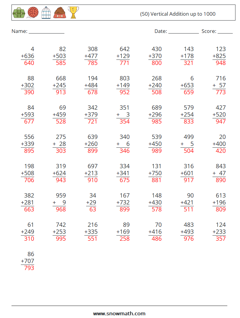 (50) Vertical Addition up to 1000 Math Worksheets 9 Question, Answer