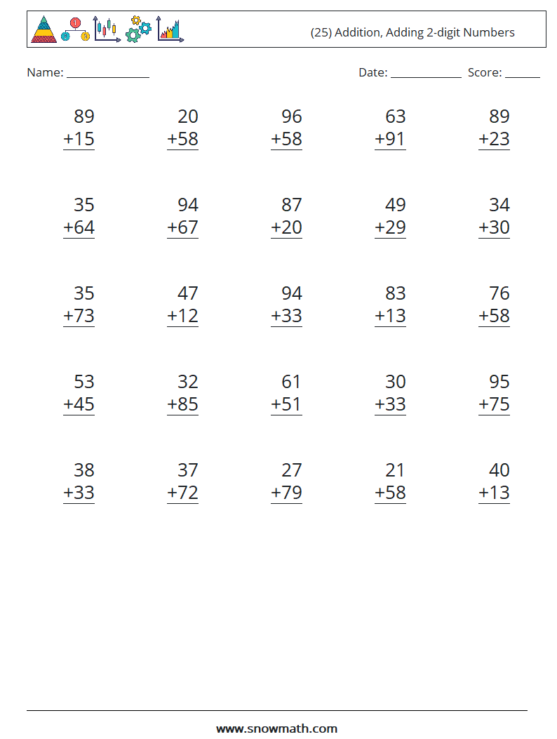 (25) Addition, Adding 2-digit Numbers Math Worksheets 10