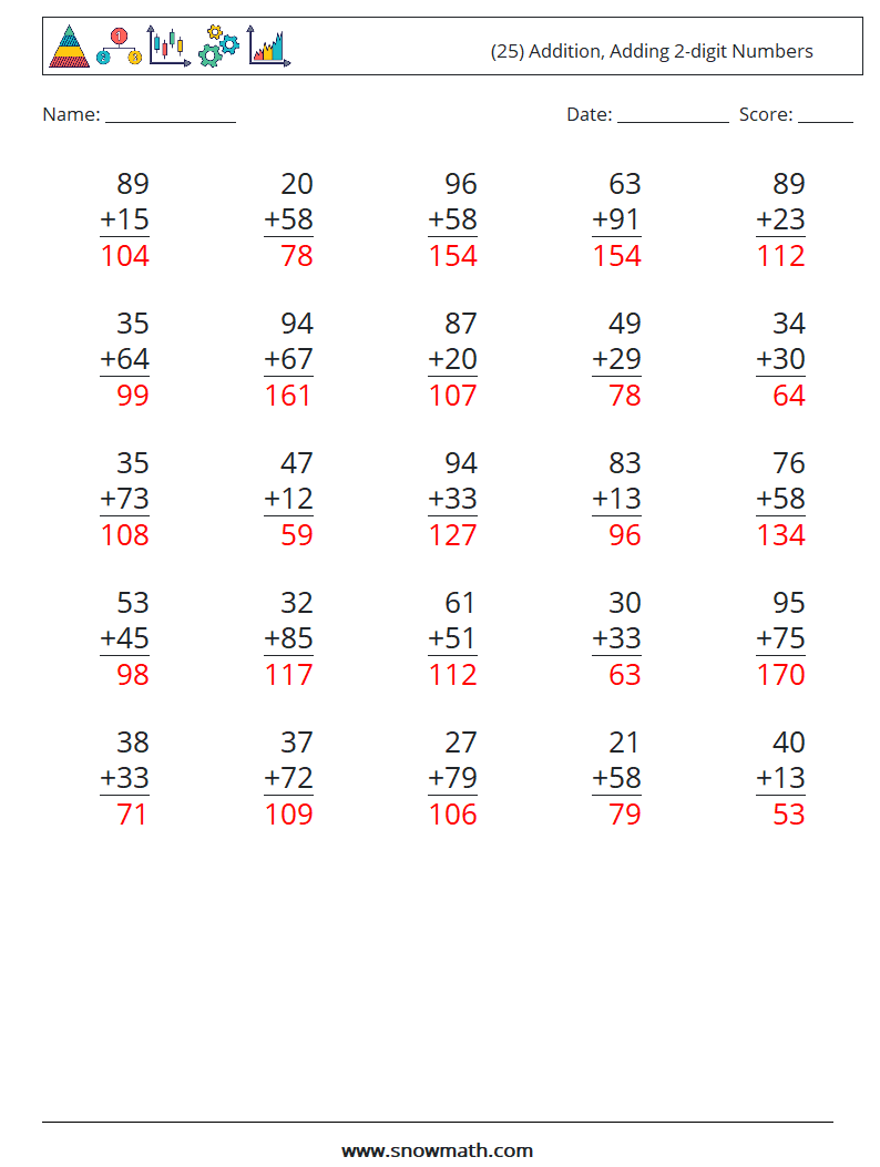 (25) Addition, Adding 2-digit Numbers Math Worksheets 10 Question, Answer