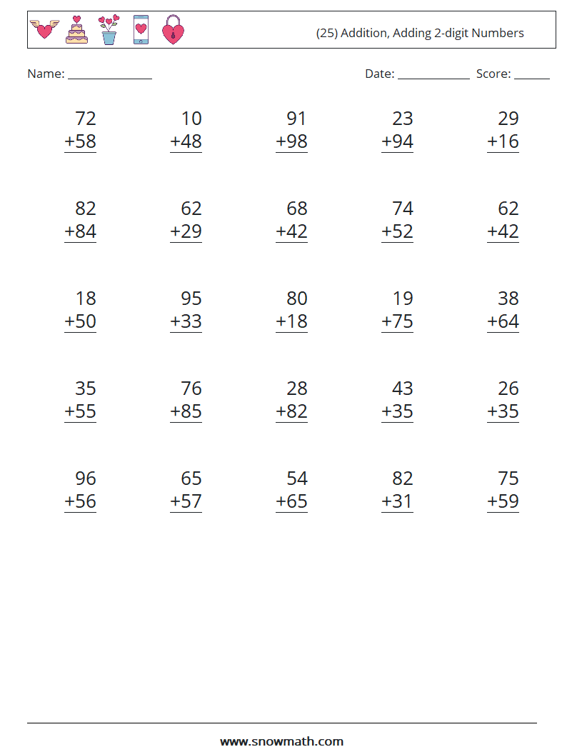 (25) Addition, Adding 2-digit Numbers Math Worksheets 12
