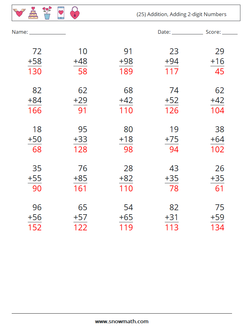 (25) Addition, Adding 2-digit Numbers Math Worksheets 12 Question, Answer