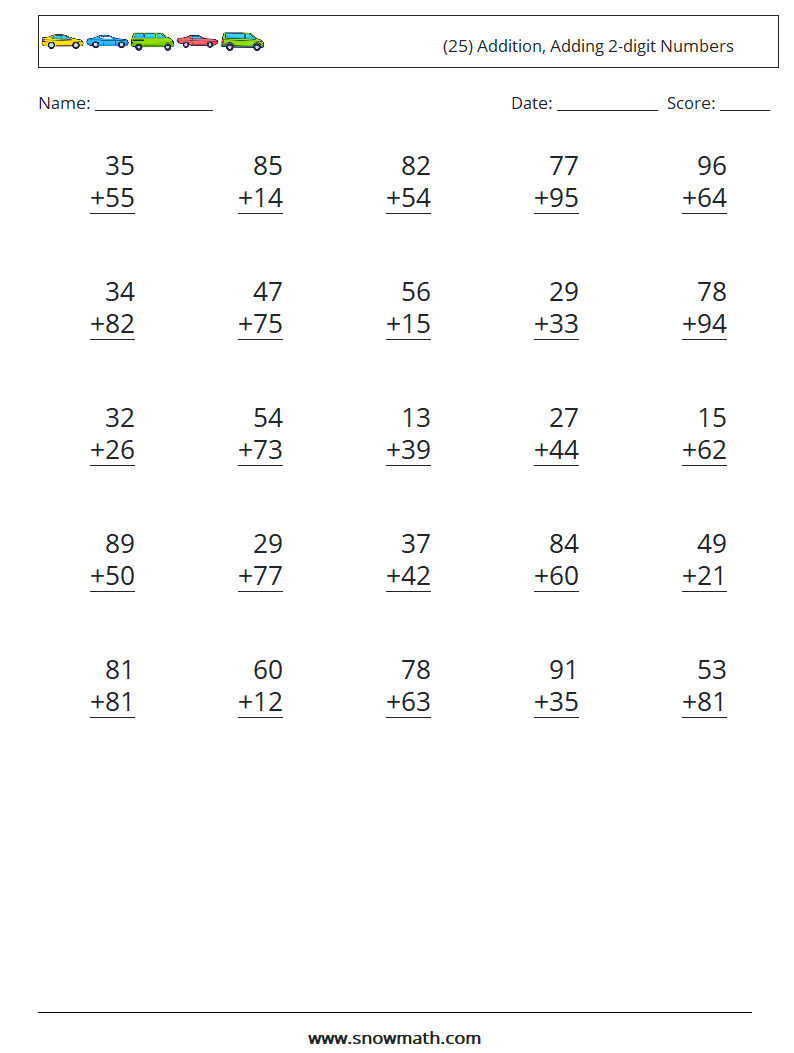 (25) Addition, Adding 2-digit Numbers Math Worksheets 13