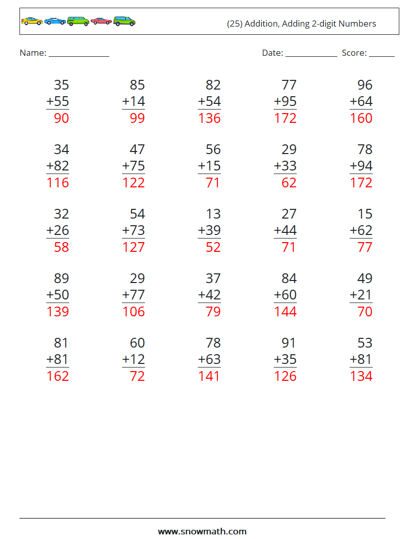 (25) Addition, Adding 2-digit Numbers Math Worksheets 13 Question, Answer