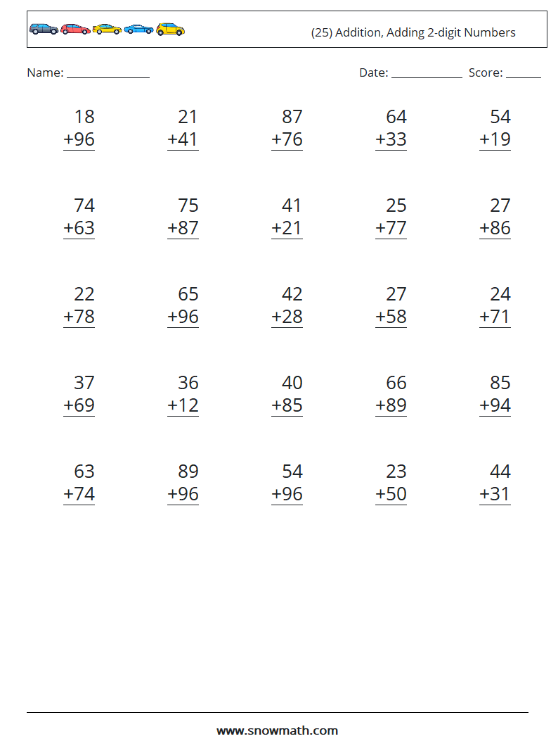 (25) Addition, Adding 2-digit Numbers Math Worksheets 14