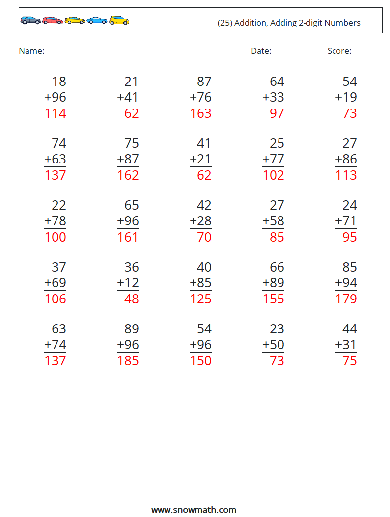 (25) Addition, Adding 2-digit Numbers Math Worksheets 14 Question, Answer