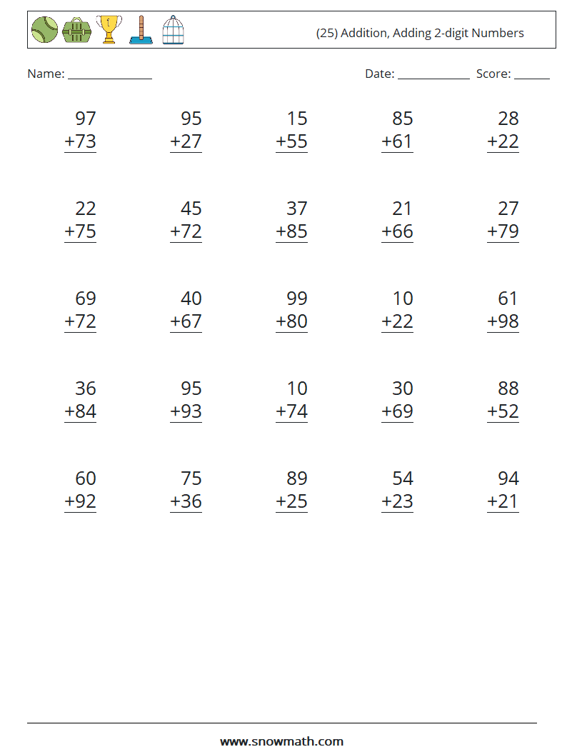 (25) Addition, Adding 2-digit Numbers Math Worksheets 15
