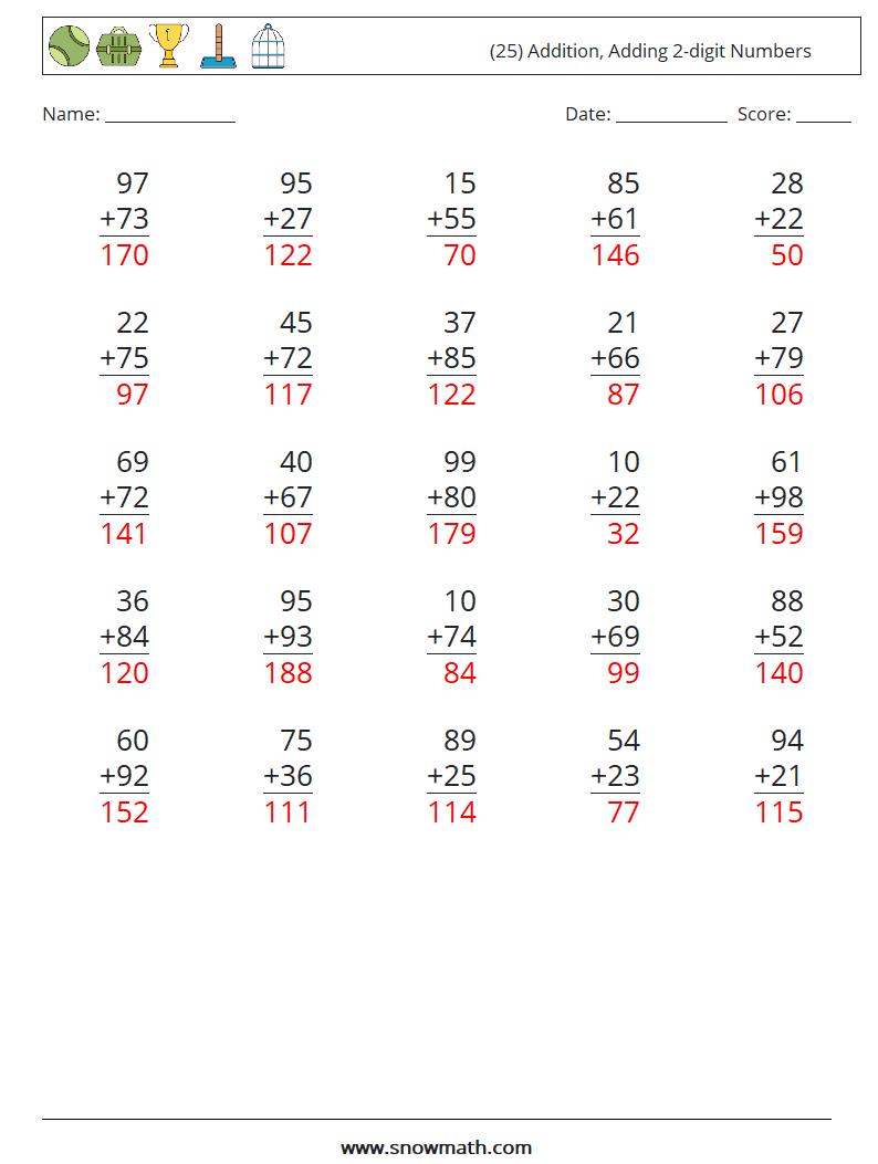 (25) Addition, Adding 2-digit Numbers Math Worksheets 15 Question, Answer