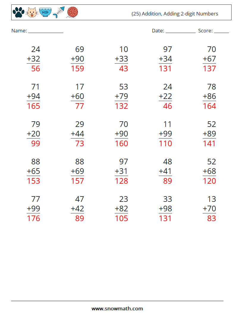 (25) Addition, Adding 2-digit Numbers Math Worksheets 16 Question, Answer