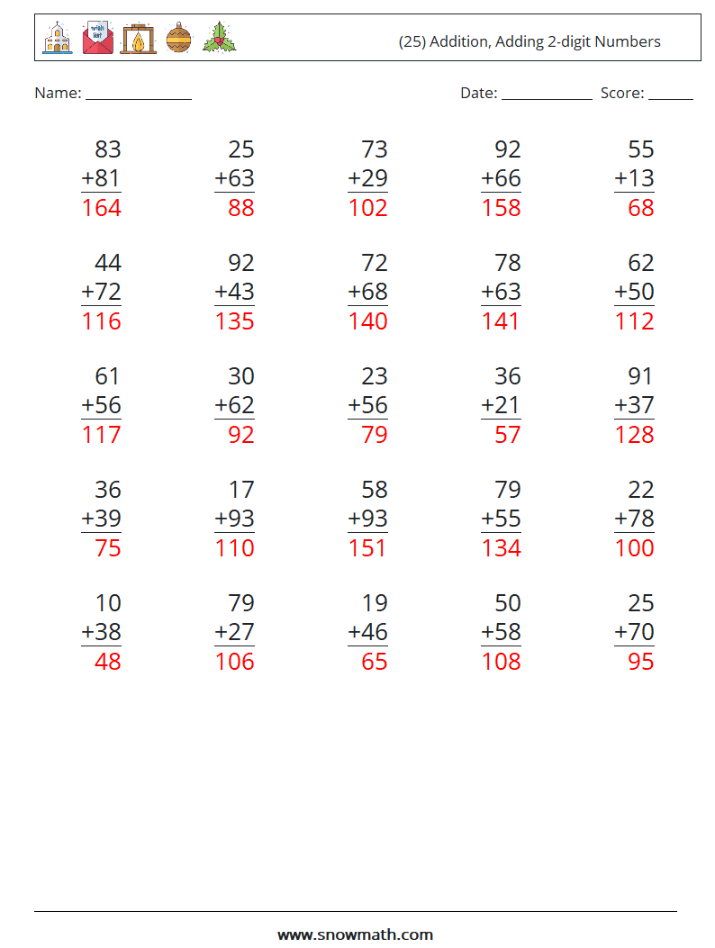 (25) Addition, Adding 2-digit Numbers Math Worksheets 17 Question, Answer