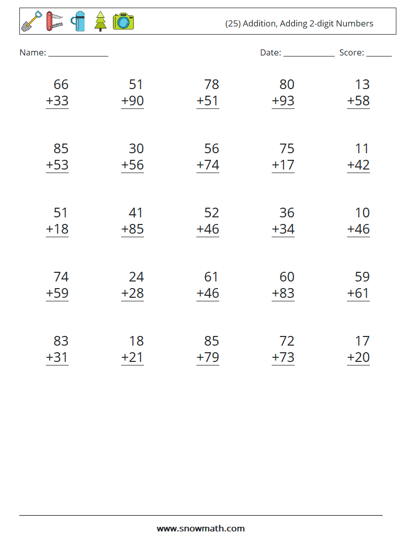 (25) Addition, Adding 2-digit Numbers Math Worksheets 18