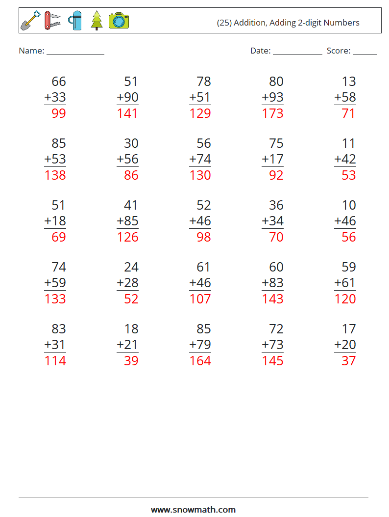 (25) Addition, Adding 2-digit Numbers Math Worksheets 18 Question, Answer