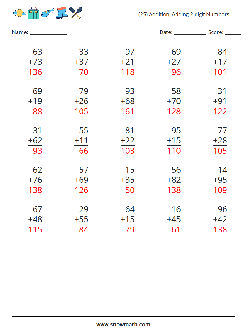 (25) Addition, Adding 2-digit Numbers Math Worksheets 1 Question, Answer