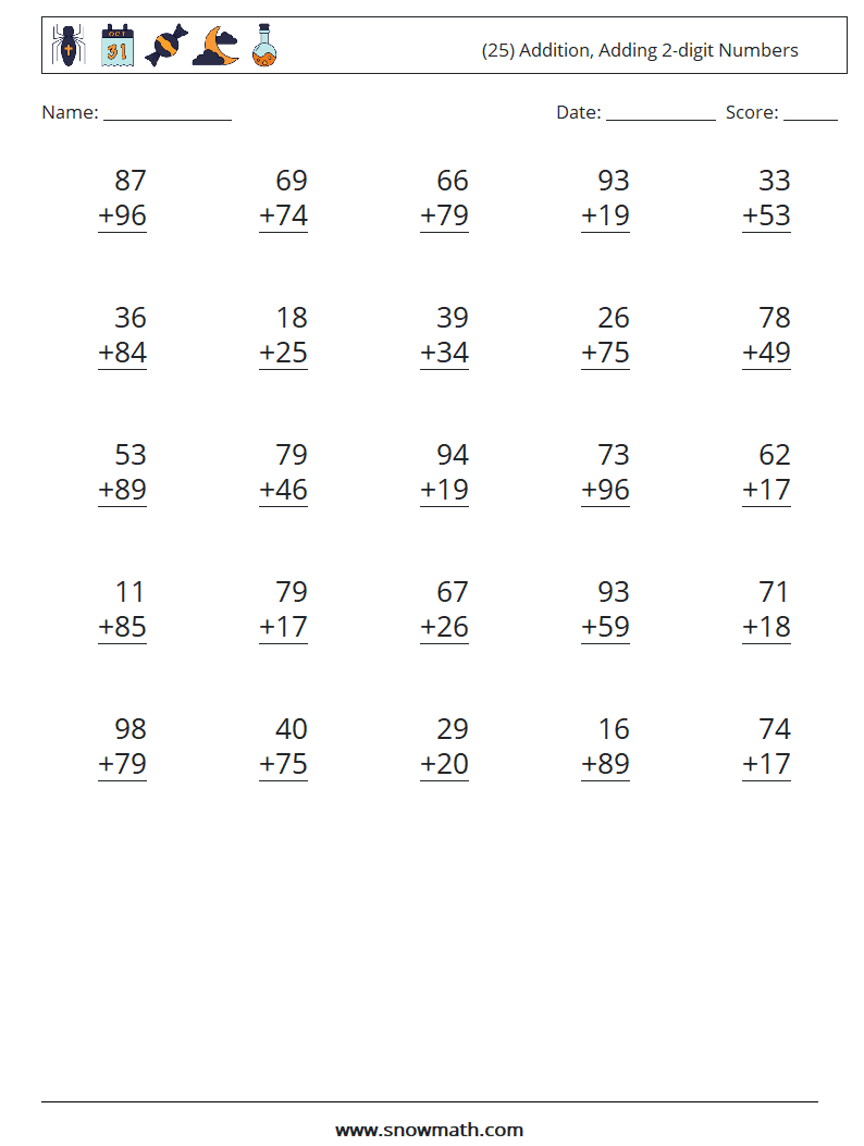 (25) Addition, Adding 2-digit Numbers Math Worksheets 2