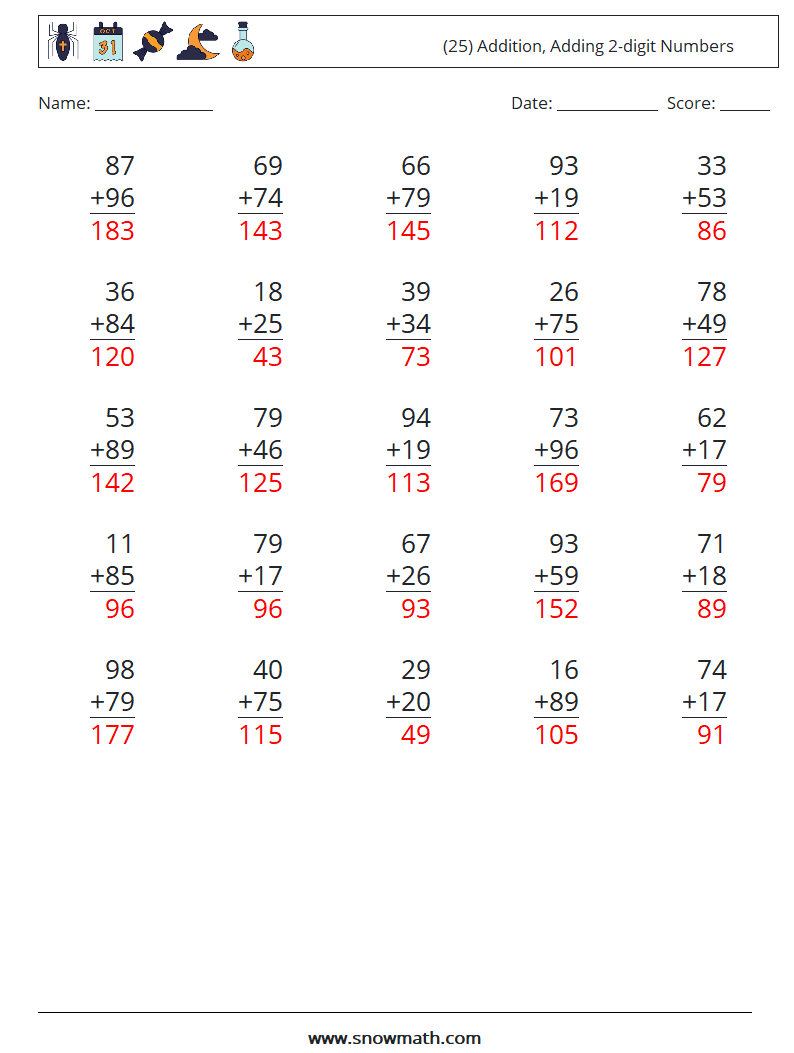 (25) Addition, Adding 2-digit Numbers Math Worksheets 2 Question, Answer