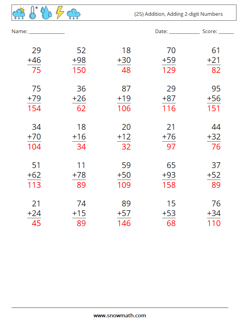 (25) Addition, Adding 2-digit Numbers Math Worksheets 3 Question, Answer