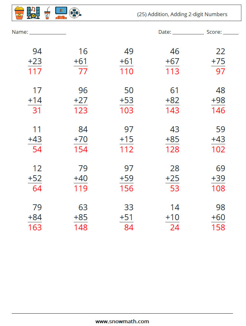 (25) Addition, Adding 2-digit Numbers Math Worksheets 4 Question, Answer