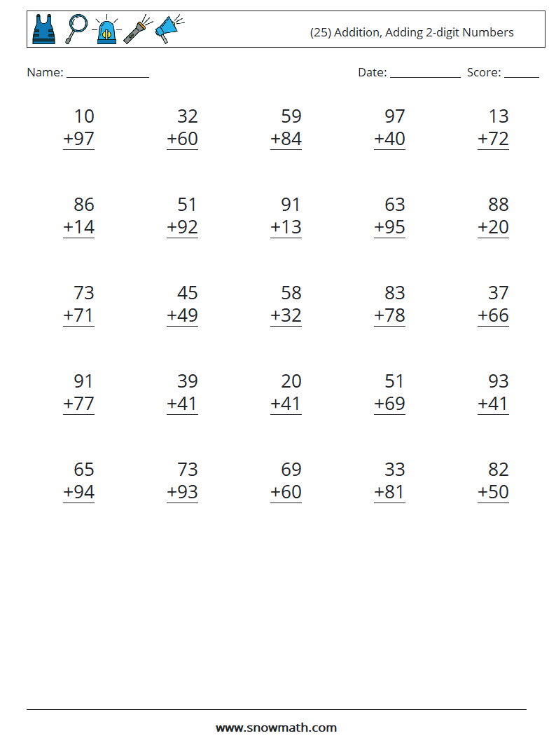 (25) Addition, Adding 2-digit Numbers Math Worksheets 5