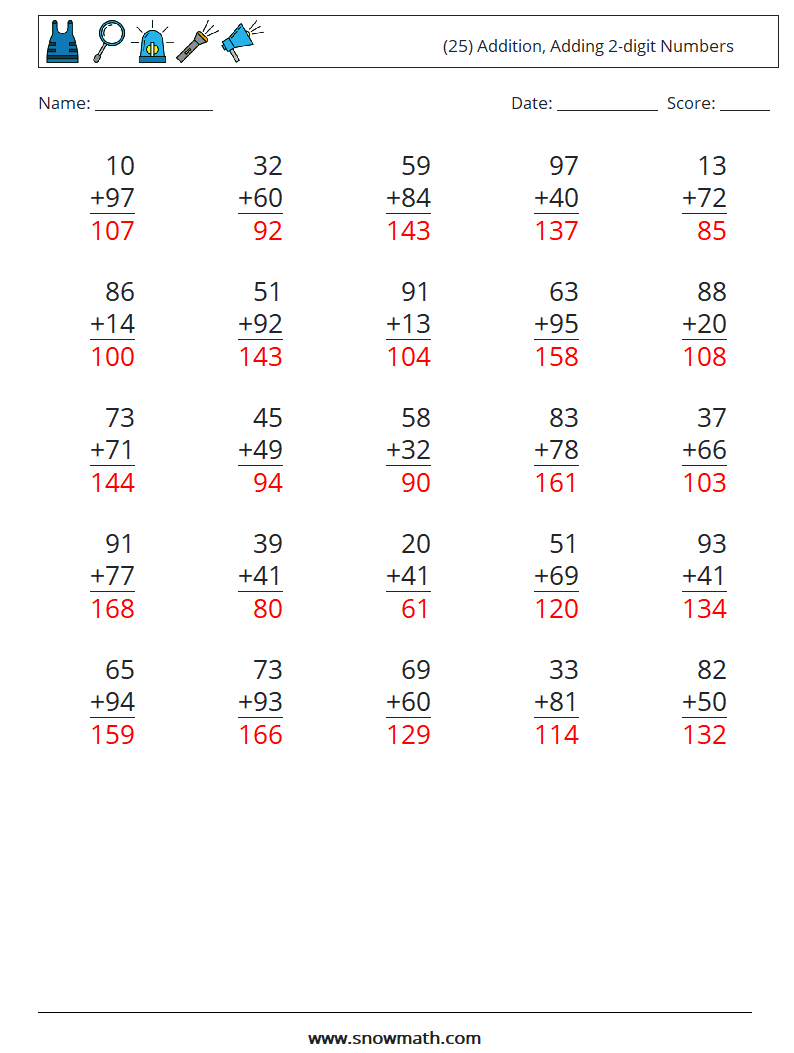 (25) Addition, Adding 2-digit Numbers Math Worksheets 5 Question, Answer