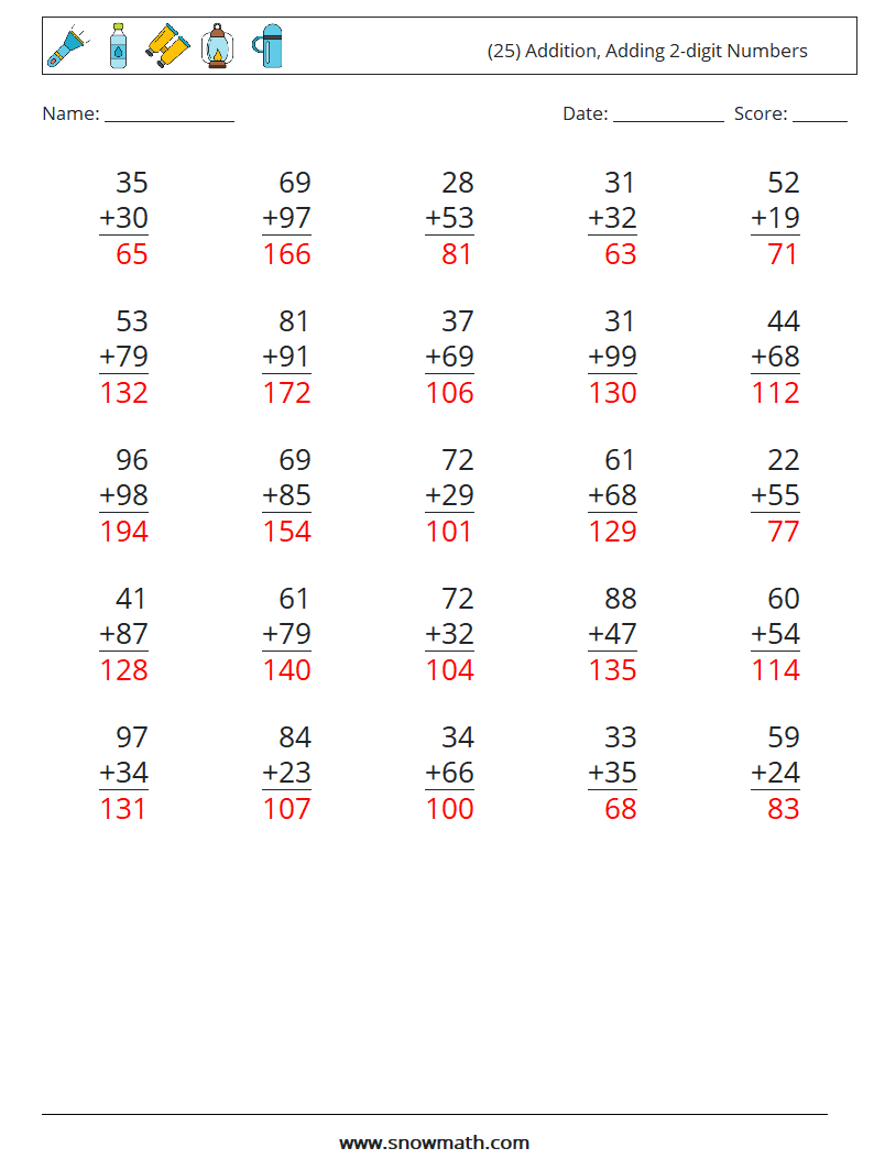 (25) Addition, Adding 2-digit Numbers Math Worksheets 6 Question, Answer