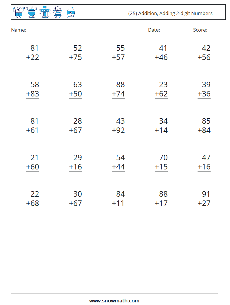 (25) Addition, Adding 2-digit Numbers Math Worksheets 7