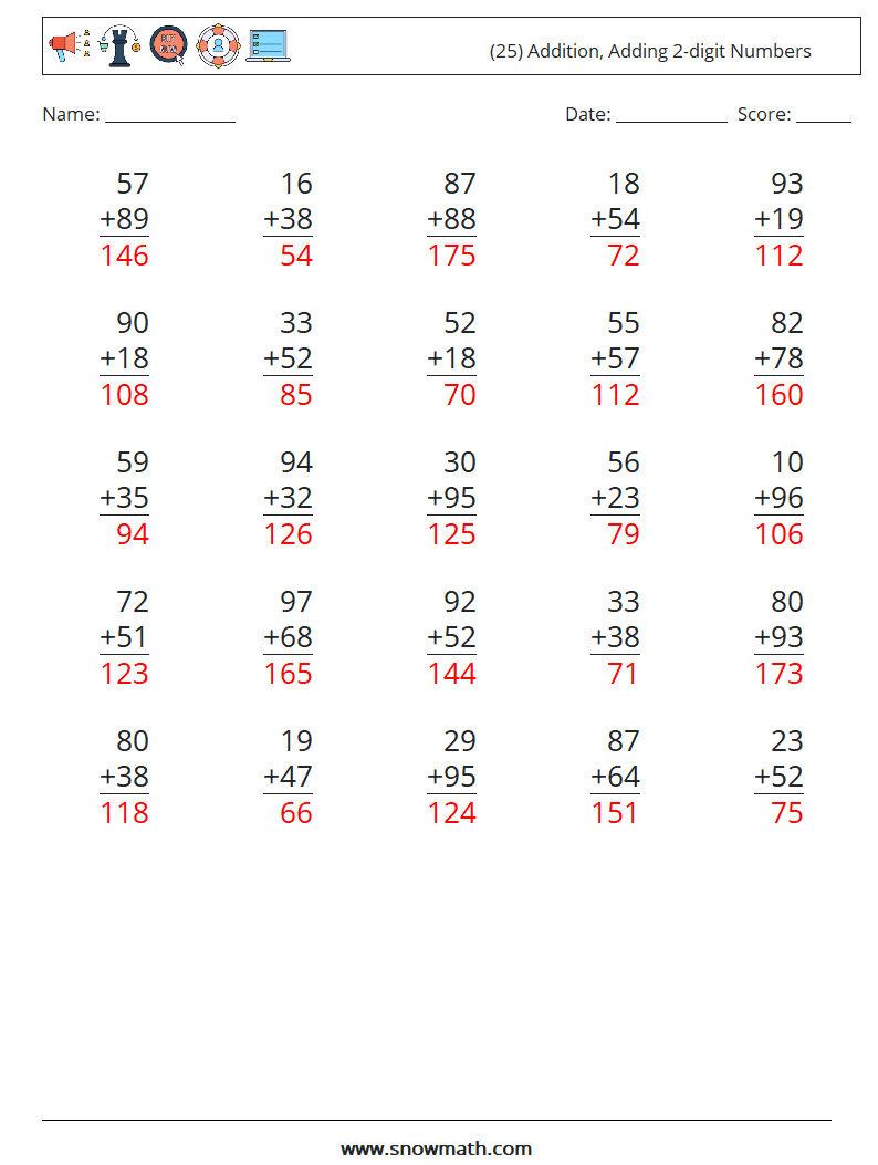 (25) Addition, Adding 2-digit Numbers Math Worksheets 8 Question, Answer