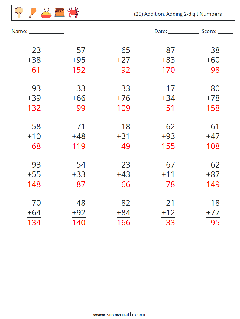 (25) Addition, Adding 2-digit Numbers Math Worksheets 9 Question, Answer