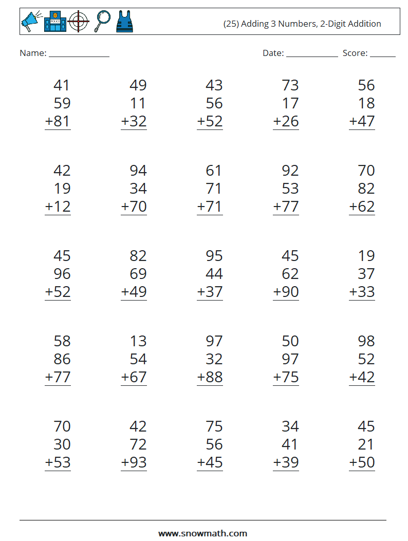 (25) Adding 3 Numbers, 2-Digit Addition Math Worksheets 1