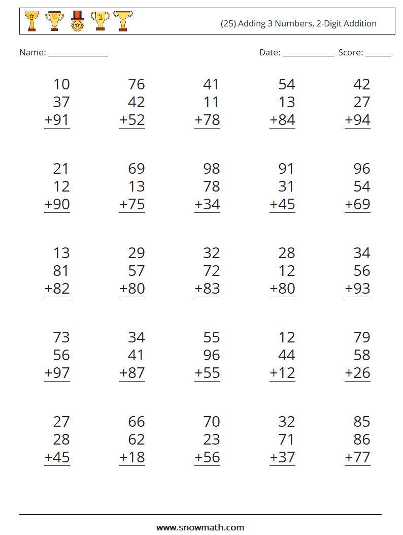 (25) Adding 3 Numbers, 2-Digit Addition Math Worksheets 10