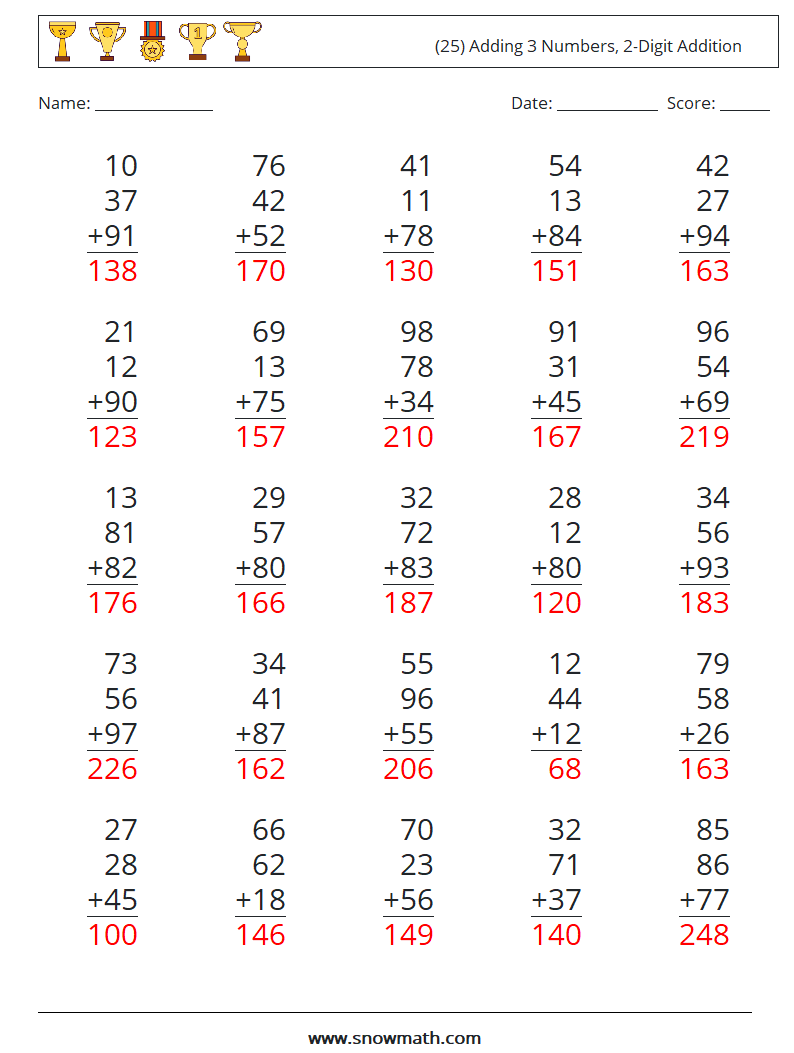 (25) Adding 3 Numbers, 2-Digit Addition Math Worksheets 10 Question, Answer