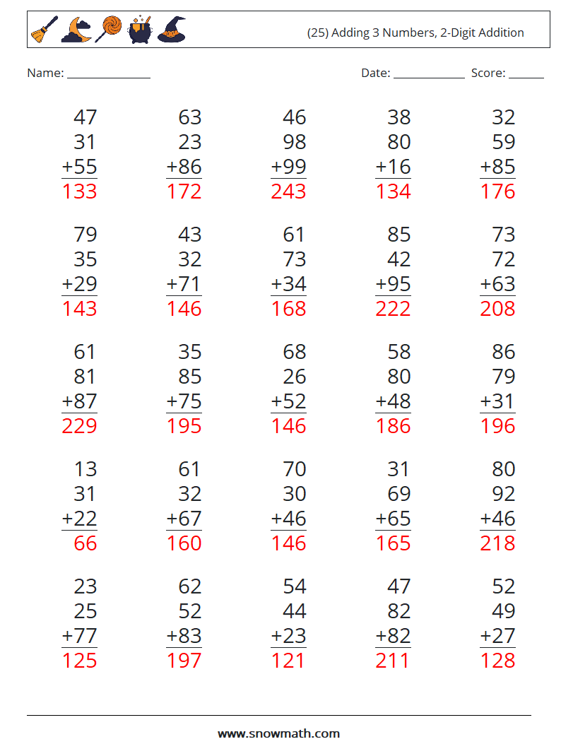 (25) Adding 3 Numbers, 2-Digit Addition Math Worksheets 11 Question, Answer