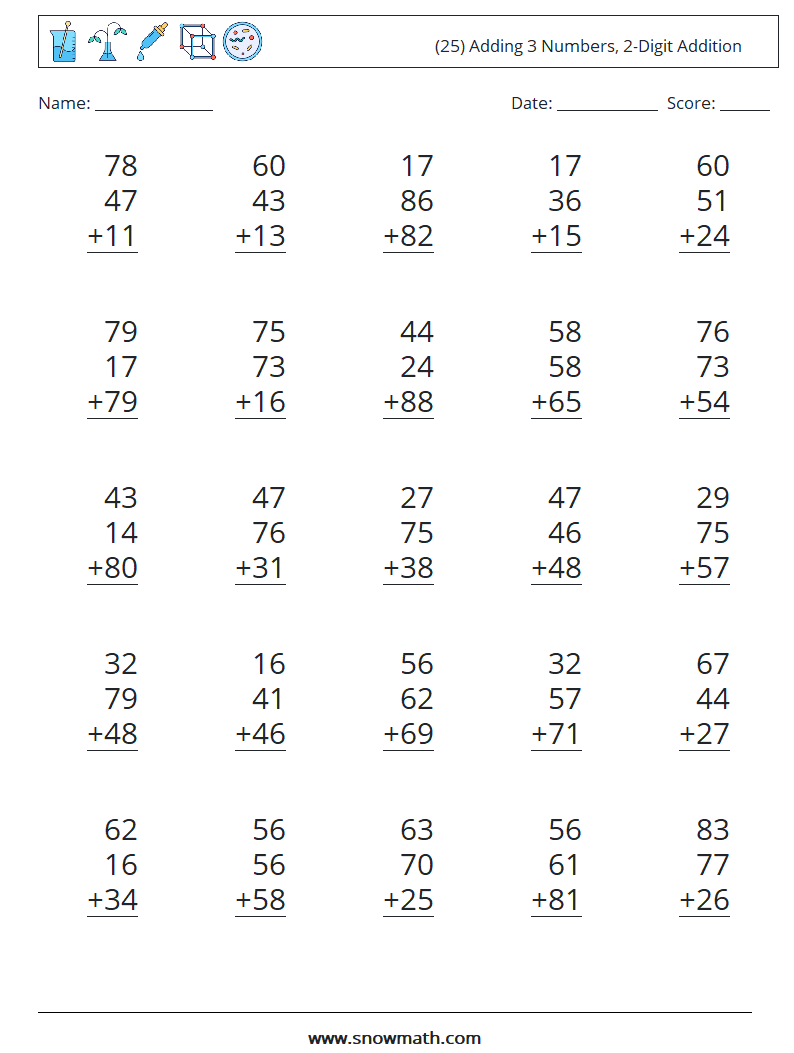 (25) Adding 3 Numbers, 2-Digit Addition Math Worksheets 12