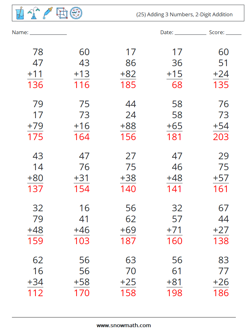 (25) Adding 3 Numbers, 2-Digit Addition Math Worksheets 12 Question, Answer