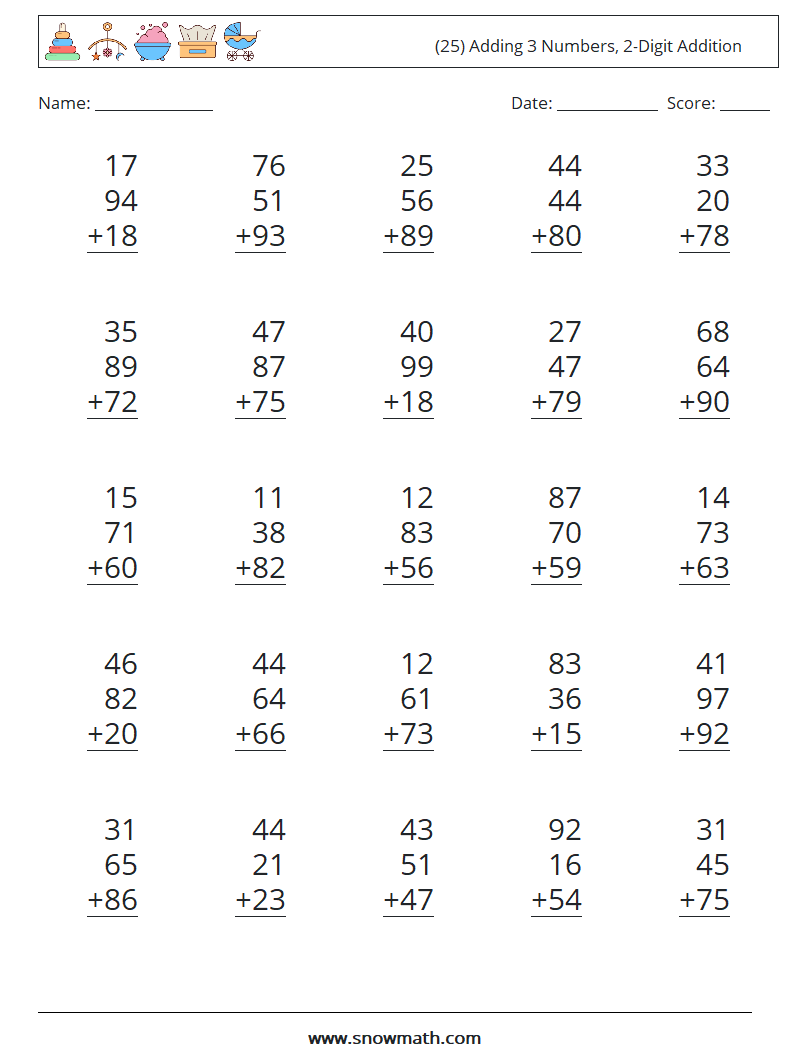 (25) Adding 3 Numbers, 2-Digit Addition Math Worksheets 13