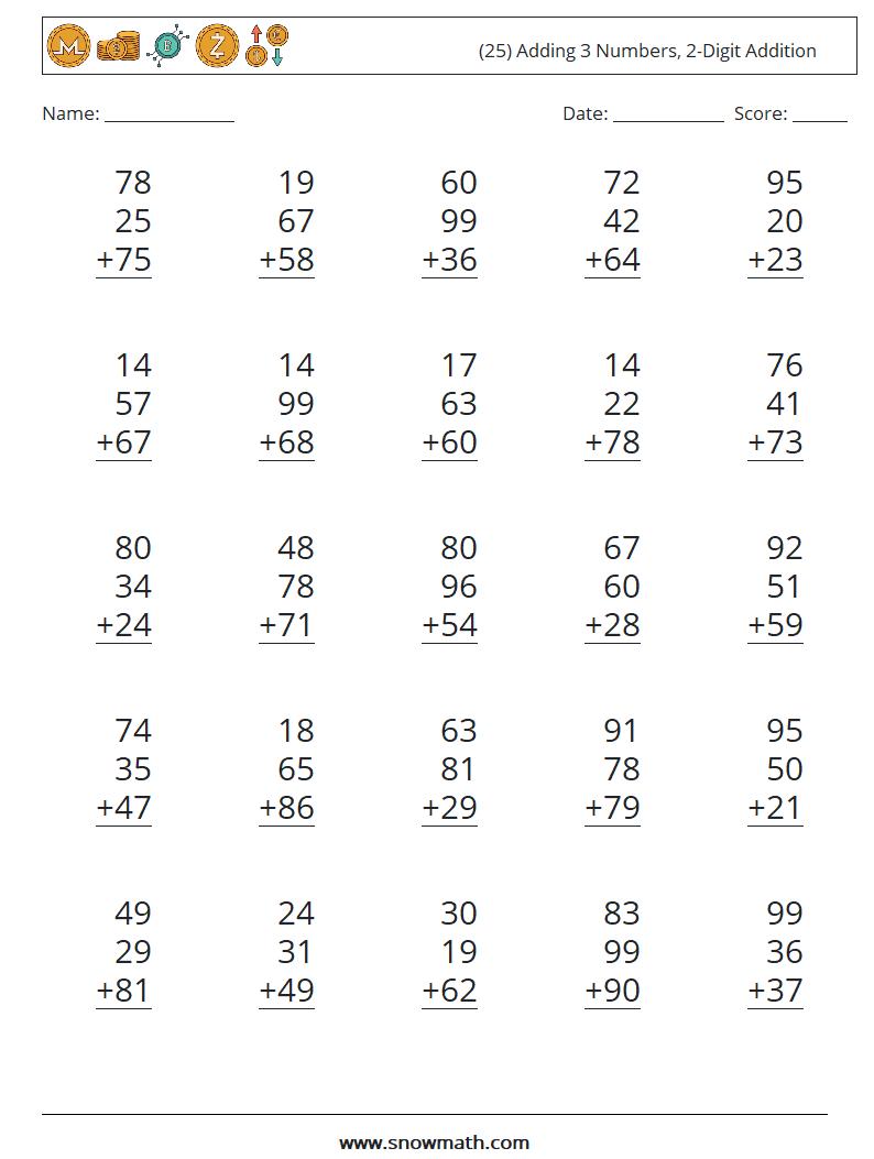 (25) Adding 3 Numbers, 2-Digit Addition Math Worksheets 14