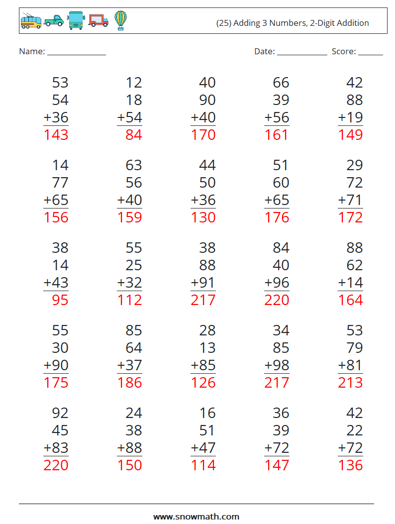 (25) Adding 3 Numbers, 2-Digit Addition Math Worksheets 15 Question, Answer