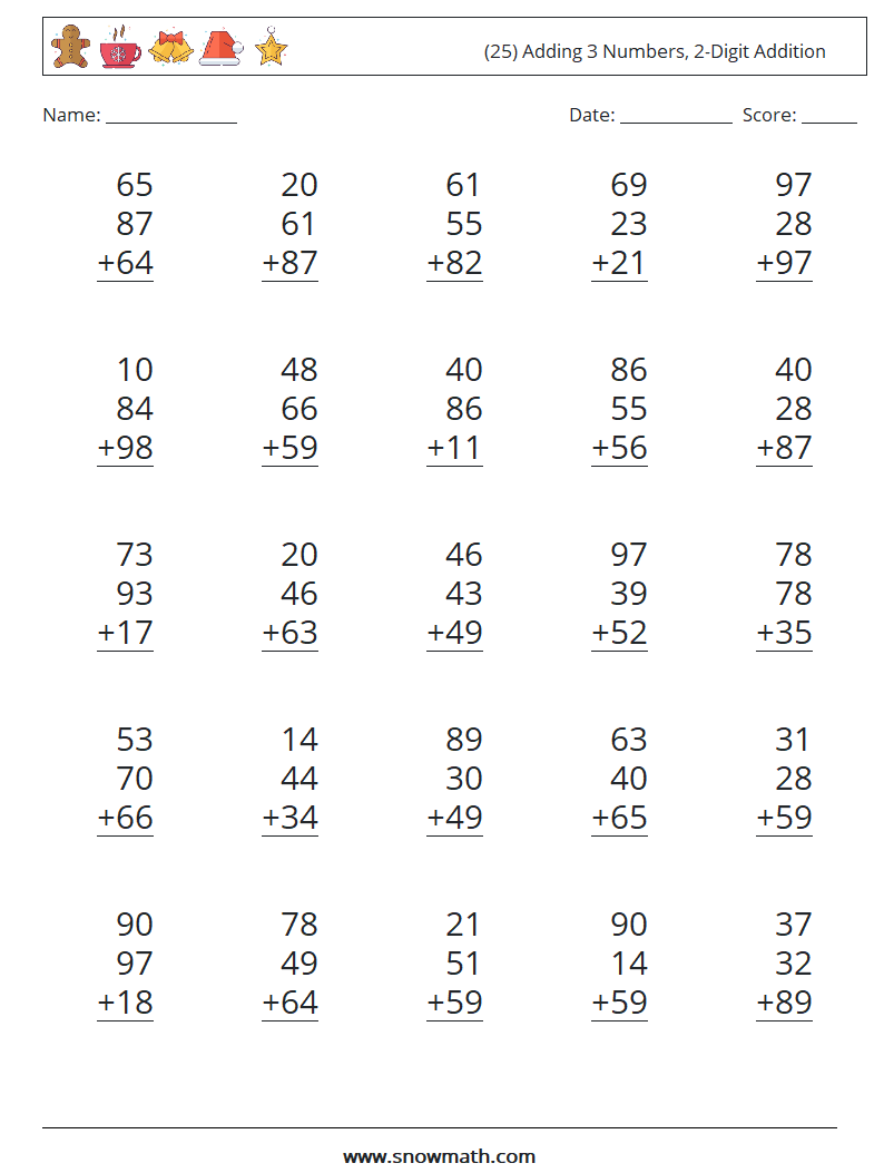 (25) Adding 3 Numbers, 2-Digit Addition Math Worksheets 16