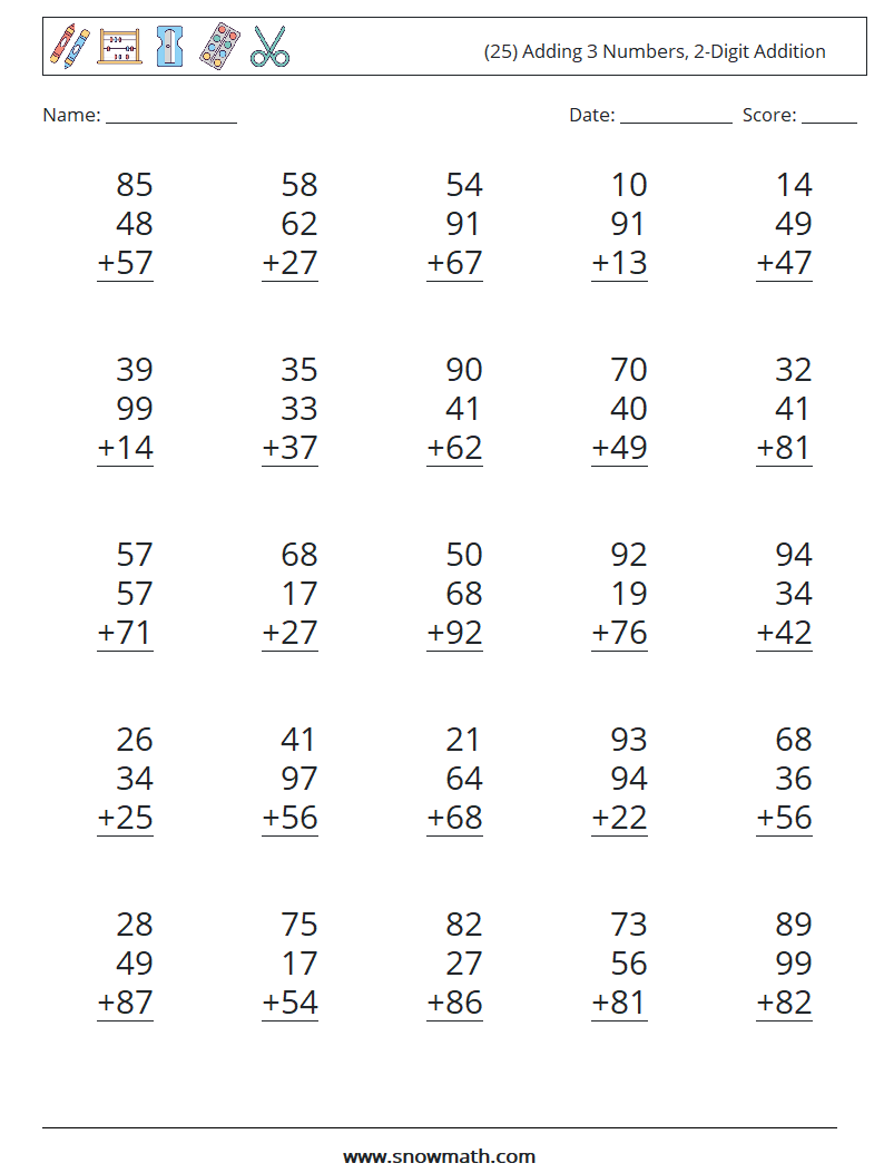 (25) Adding 3 Numbers, 2-Digit Addition Math Worksheets 18