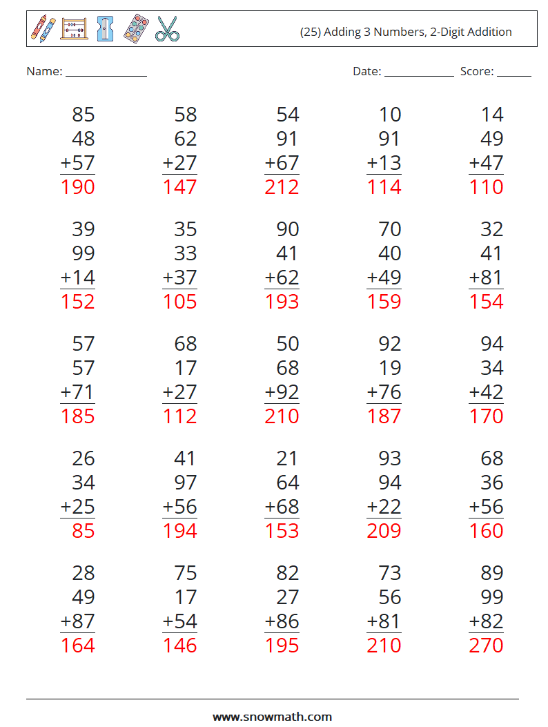 (25) Adding 3 Numbers, 2-Digit Addition Math Worksheets 18 Question, Answer