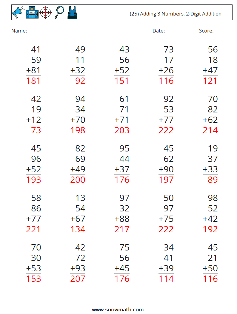 (25) Adding 3 Numbers, 2-Digit Addition Math Worksheets 1 Question, Answer