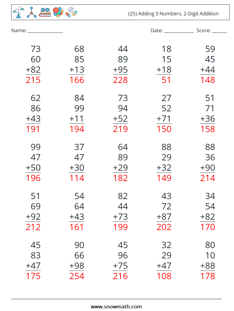 (25) Adding 3 Numbers, 2-Digit Addition Math Worksheets 2 Question, Answer