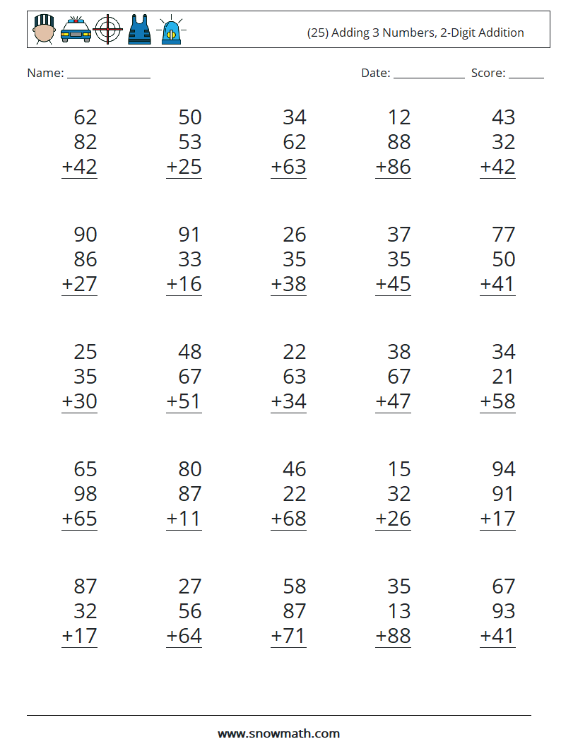 (25) Adding 3 Numbers, 2-Digit Addition Math Worksheets 3